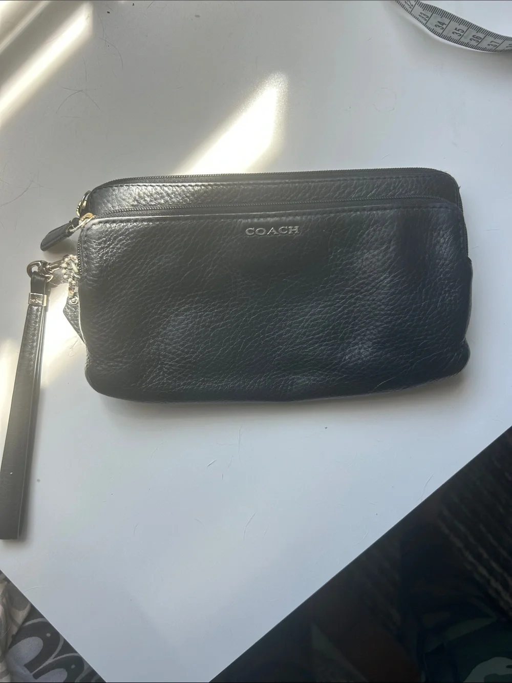 Coach Black Leather Double-Zip Wristlet with Gold Hardware